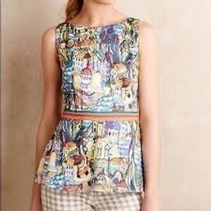Weston‎ Anthropologie Peplum Top Multicolor Cityscape Novelty Print V-Back XS